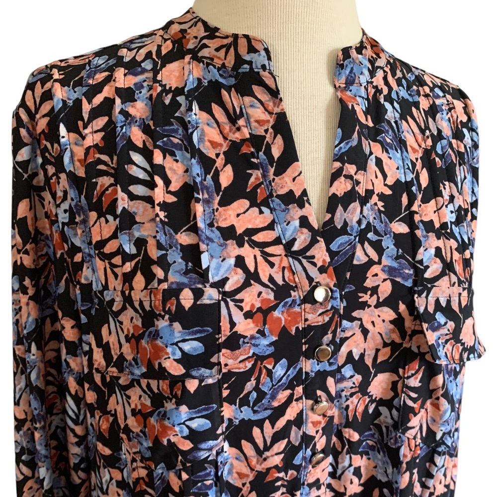 COCOMO 1X Plus Size Blue orange floral 3/4 sleeve women's Pintuck Blouse tunic - Picture 4 of 13